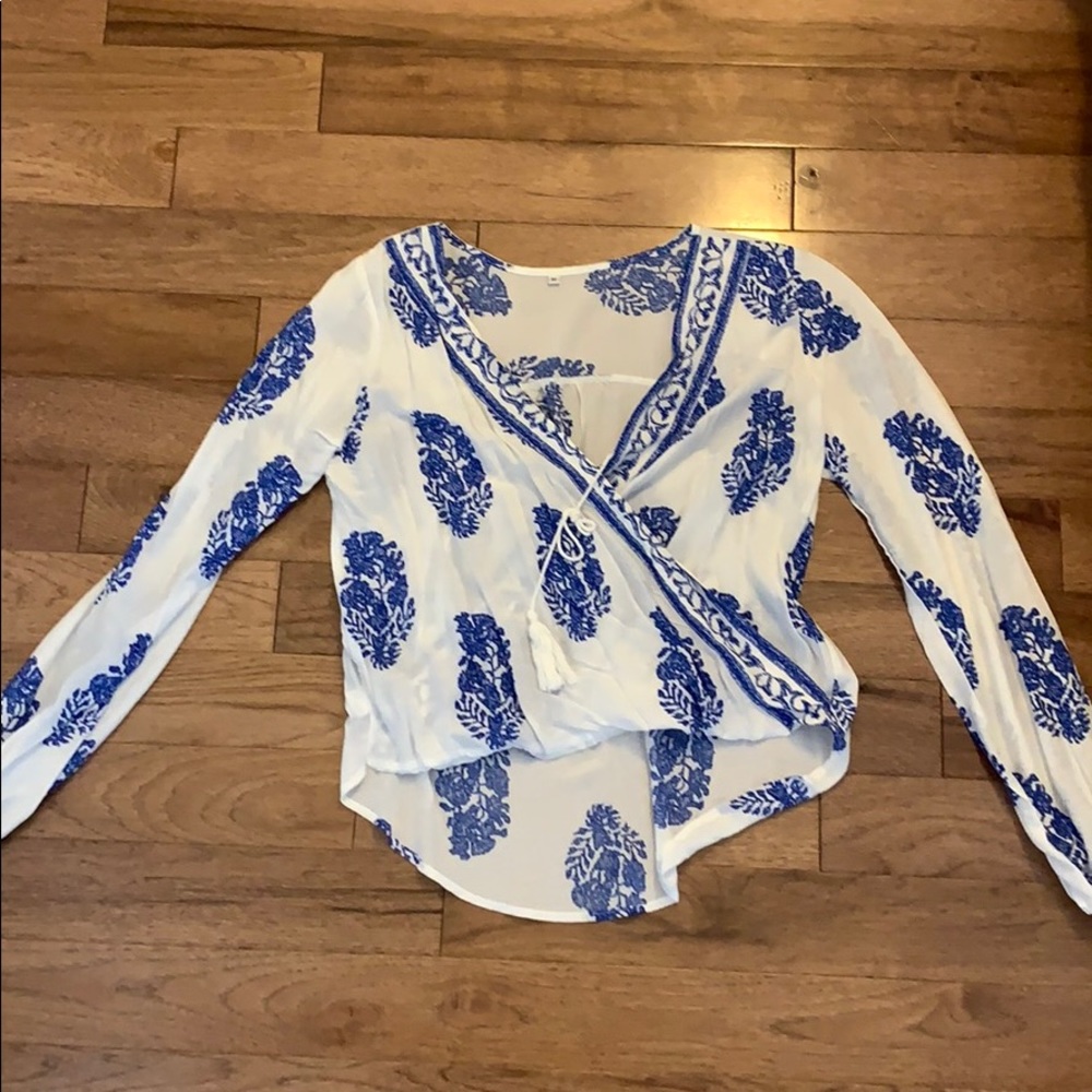White & Blue Floral Wrap Blouse